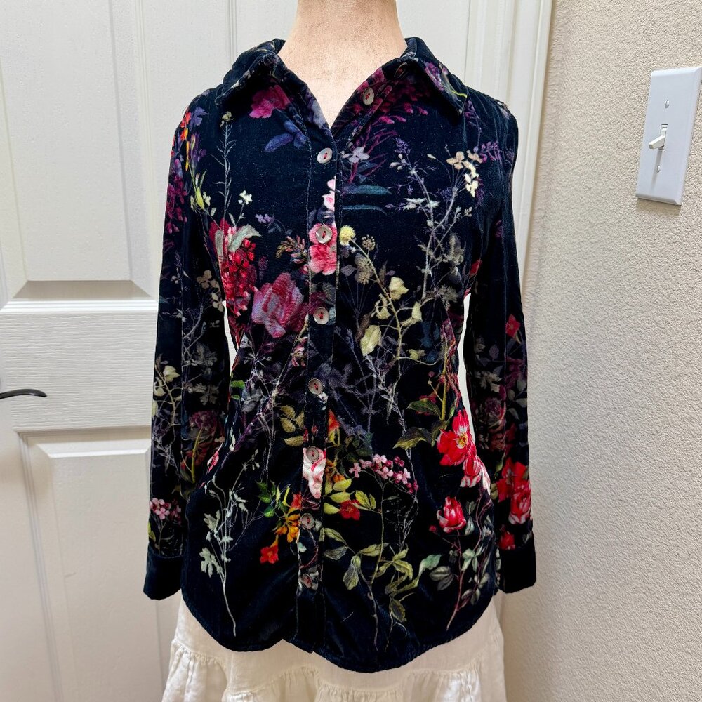 Soft Surroundings Women's Soft Velvet Tunic Top Size S/P Floral Button Up Boho